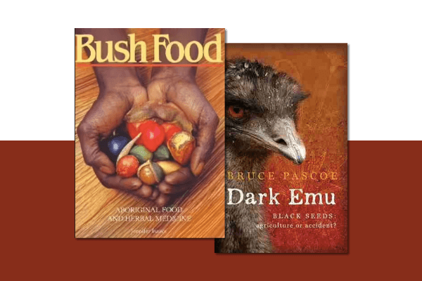 Bushfoods and Dark Emu books on brown red rectangle