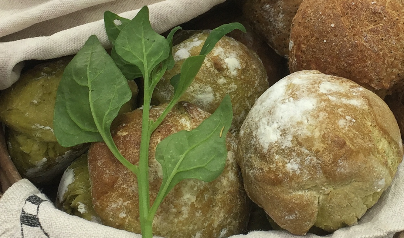 Green-tinted bread rolls are wrapped in a tea towel. A stem of fresh spinachy warrigal greens sits on top of them.